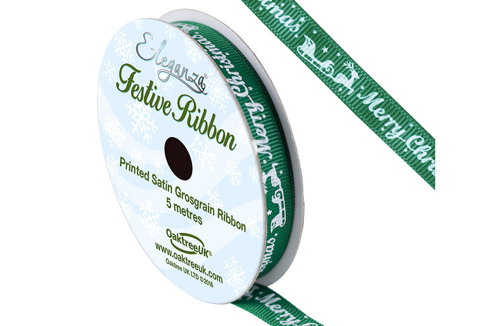 Ribbon 376 Merry Christmas/Sleigh GREEN 10mm